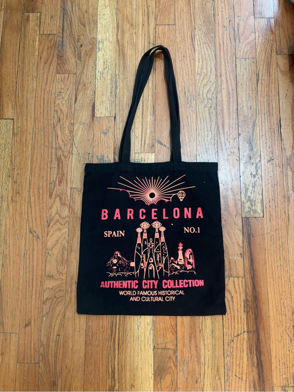 Barcelona Authentic City Collection Black Tote Bag - Pink Print